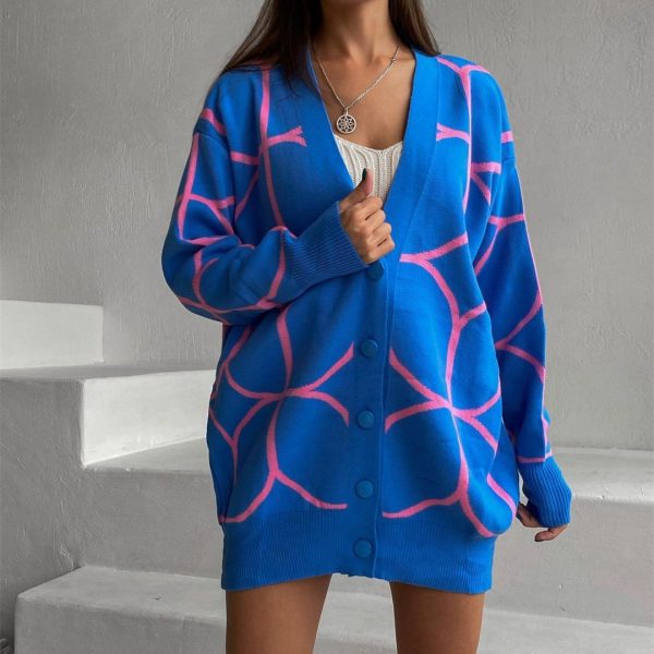 autumn winter long knitted sweaters v neck jacquard color blocking casual cardigans for women