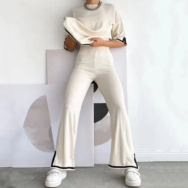 Trending fashion women elegant lounge wear oversize spring summer knitted wide leg pants 2 piece set - Image 3