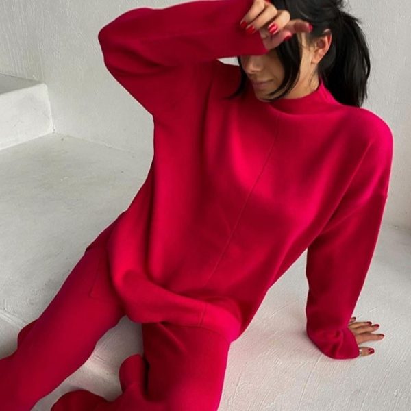 Latest design turtleneck oversize sweaters wide leg pants elegant knitted women 2 piece outfits - Image 2