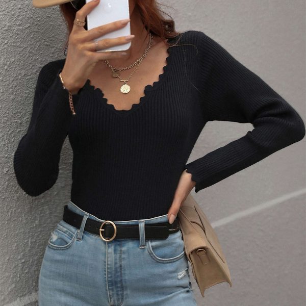 autumn winter pure color lacework skinny basic tops sexy v neck bodycon sweaters for women - Image 4