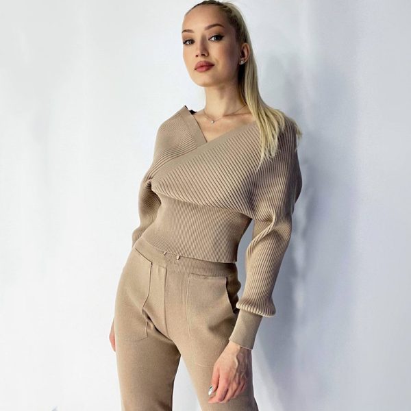 women casual loungewear long sleeve winter autumn high waist pants 2 piece knit set - Image 4