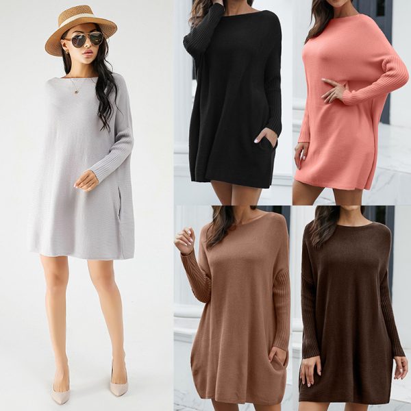 Hot sales women Elegant loose knitwear solid color Casual sweater maternity knitted long sleeve dress - Image 2