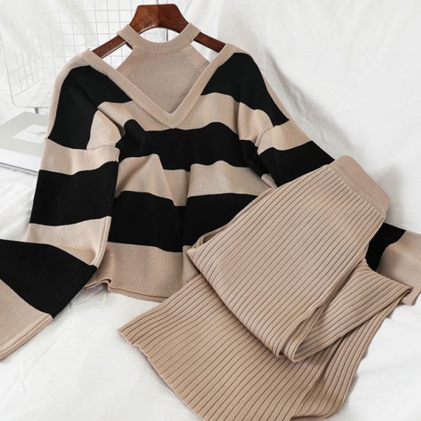 Trending fashion Striped bodycon sexy sweater wide leg trousers two piece elegant set women