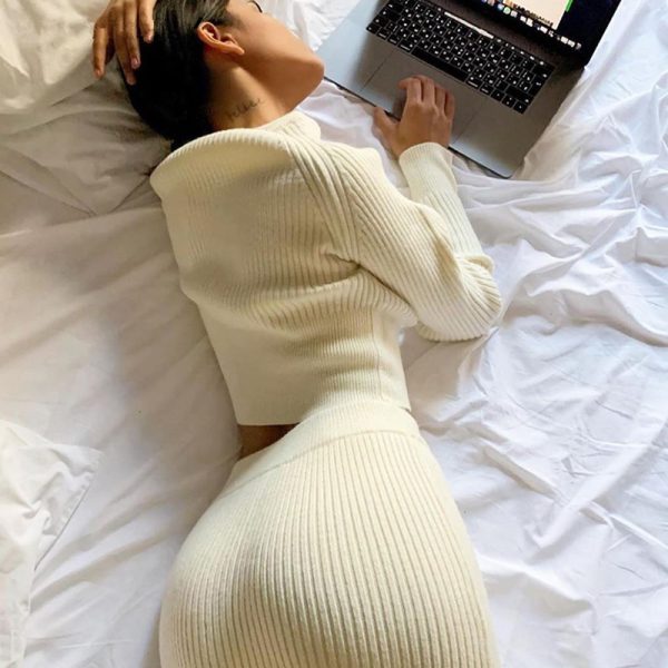 Women Casual Loungewear sexy bodycon Thick Knit Cropped Pullover And Skirt Two Piece Set - Image 5