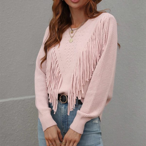 Trending fashion women casual knitwear o neck solid color elegant knitted elegant sweaters with tassel - Image 5