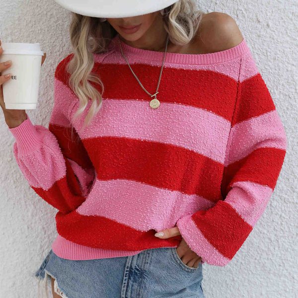 Latest design loose lantern sleeve autumn winter stripe o-neck off shoulder fashion sweaters for women - Image 5