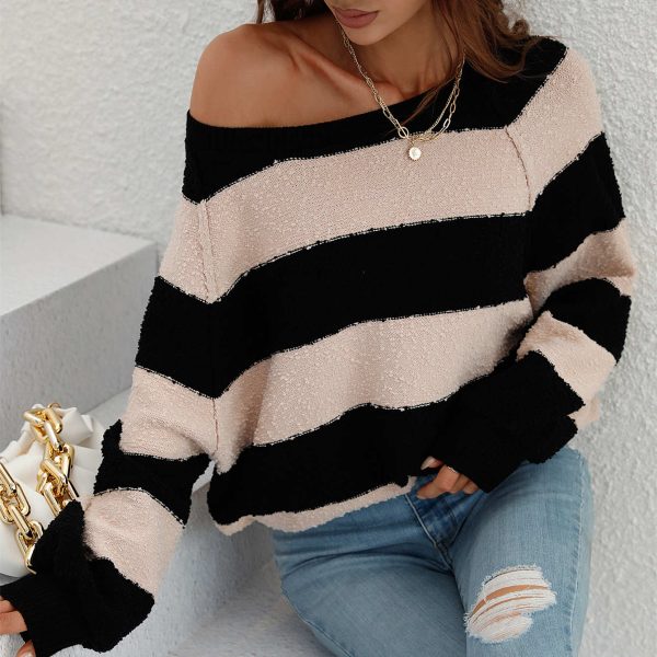 Latest design loose lantern sleeve autumn winter stripe o-neck off shoulder fashion sweaters for women - Image 3