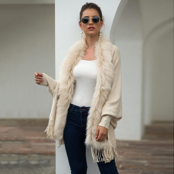Winter solid color tassel Fur collar Shawl Cloak Faux fur coats women cashmere sweater poncho knit cardigan
