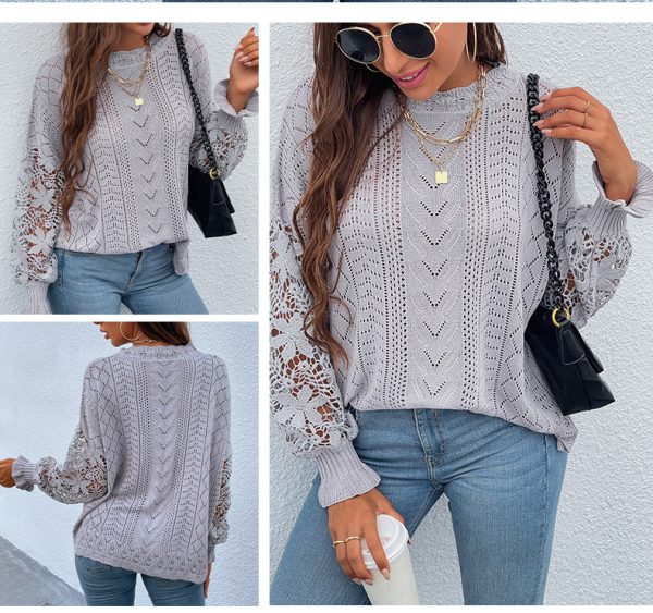 New style long sleeve casual women elegant Top Lace Splicing hollow out Pullover Knitted Sweater - Image 6