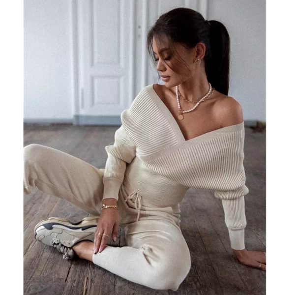 women casual loungewear long sleeve winter autumn high waist pants 2 piece knit set - Image 6