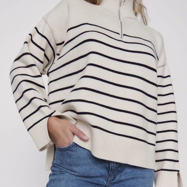 half zipper elegant stripe knitted thicken Sweaters Women oversize Pullover knitted Top - Image 3