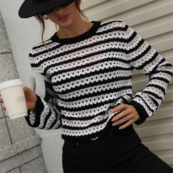 hot sales striped long sleeve tops round neck jumpers knitted casual pullover sweaters for women - Image 2