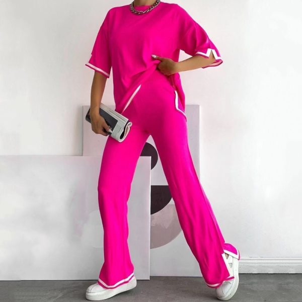 women Color Blocking loose short sleeve sweater top split pants knitted two-piece set - Image 3