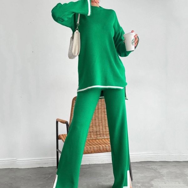 Women clothing high neck loose tops contrast color loungewear cozy knitted 2 piece cashmere sweater set - Image 6