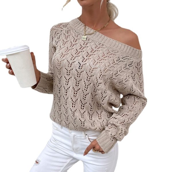 Women clothing knitted elastic casual solid color see through oversize off shoulder sweaters tops - Image 6