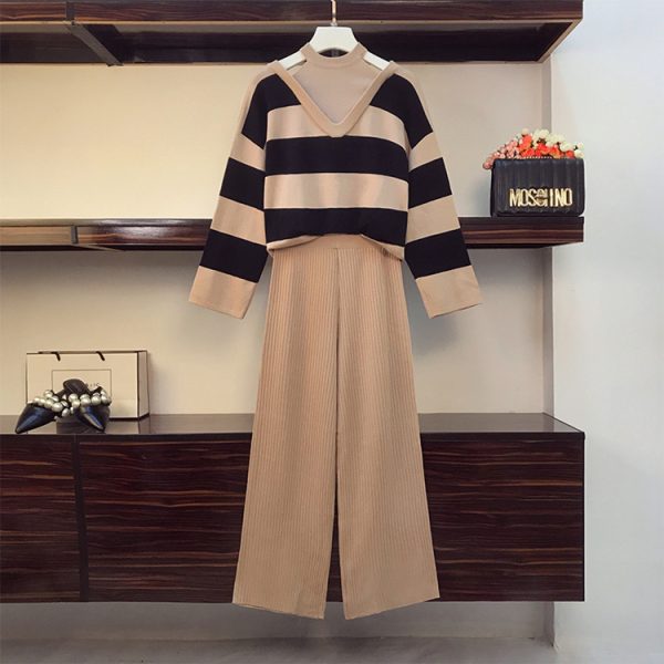 Trending fashion Striped bodycon sexy sweater wide leg trousers two piece elegant set women - Image 3