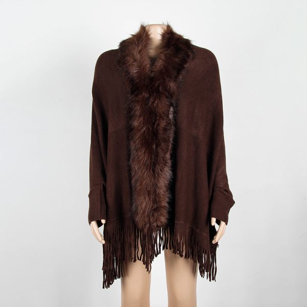 Winter solid color tassel Fur collar Shawl Cloak Faux fur coats women cashmere sweater poncho knit cardigan - Image 6