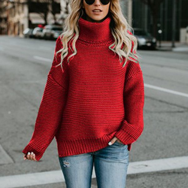 Trending Fashion High Neck Solid Color Long sleeve loose knitted women sweaters pullover tops - Image 4