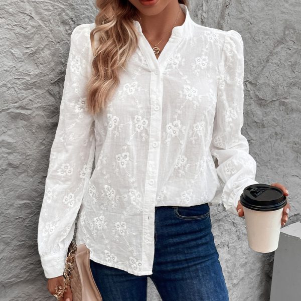 Autumn Chemise Femme Fashionable Solid Color Hollow Out Lace Jacquard Top - Image 2
