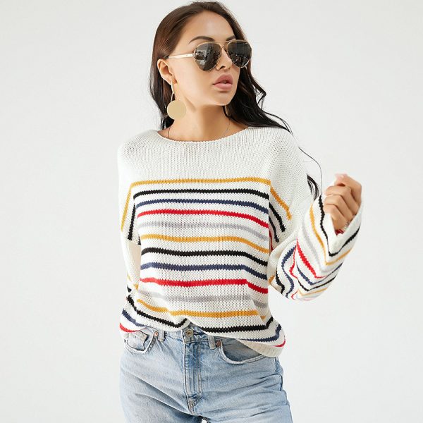 New Arrivals casual round neck long sleeve knitwear striped loose women tops knitted sweater