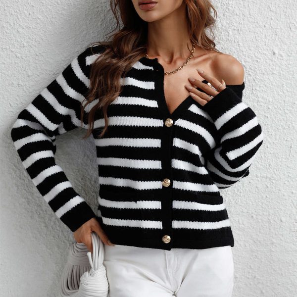 single-breasted button o neck casual stripe sweaters elegant Knit Cardigan for women