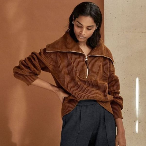 Trending Solid color zipper wide neck fashion casual knitted top pullover winter women sweater - Image 3