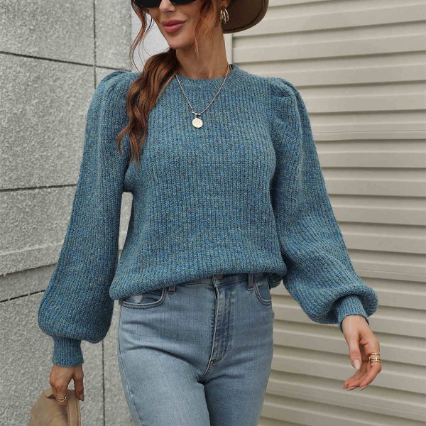o-neck puff sleeve elegant knitwear solid color tops women knitted slim fit sweaters