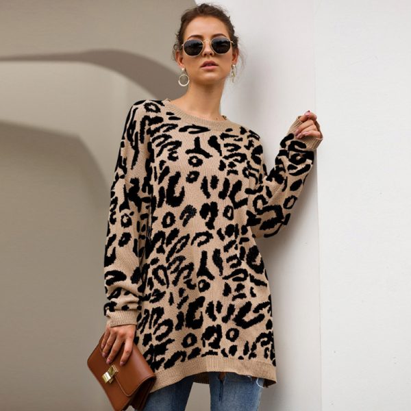 latest design lazy style leopard print women sweater pullover round neck knitted dress - Image 4