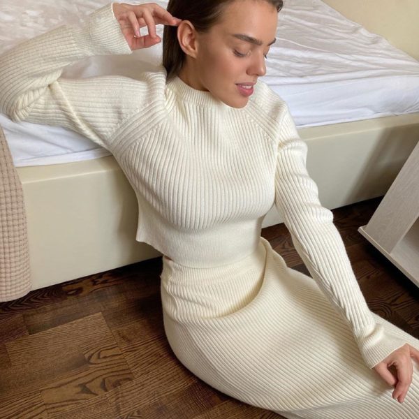 Women Casual Loungewear sexy bodycon Thick Knit Cropped Pullover And Skirt Two Piece Set - Image 6