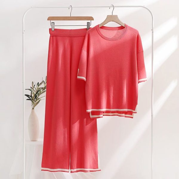 women Color Blocking loose short sleeve sweater top split pants knitted two-piece set - Image 4