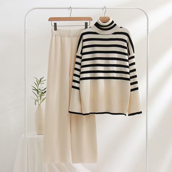 Women's Cashmere Suit Plain Knitted Turtleneck striped Female Wool Sweater Pant Knit Two Piece set - Image 2