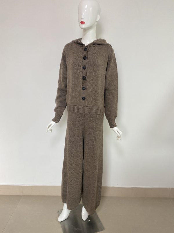 Knitwear hooded knitted single-breasted high waist pants women knit casual loose elegant jumpsuits - Image 5