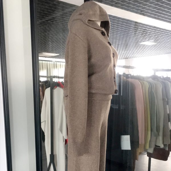 Knitwear hooded knitted single-breasted high waist pants women knit casual loose elegant jumpsuits - Image 3