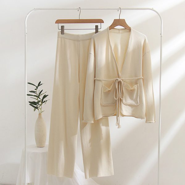 High Quality Winter Autumn Knitted Solid color Long Sleeve V Neck H type 2 Piece Set Women Sweater Suit - Image 2