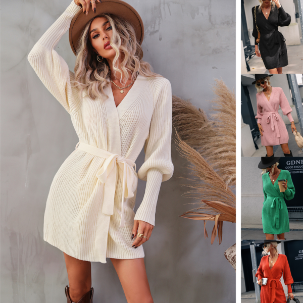 v neck bandage belt midi pure color lantern sleeve knit dress women elegant sweaters cardigans - Image 2