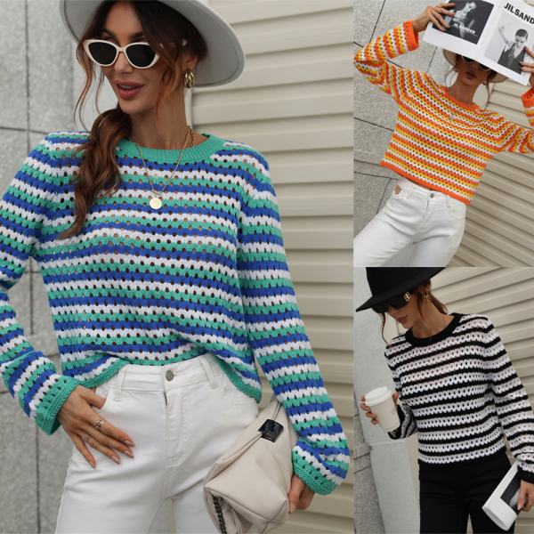 hot sales striped long sleeve tops round neck jumpers knitted casual pullover sweaters for women