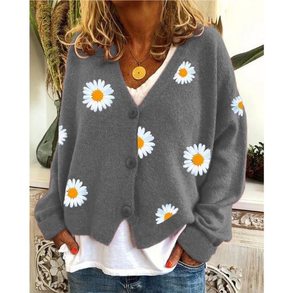 Hot sales v neck short oversize casual Ladies knitwear single breasted daisy cardigans sweaters - Image 4