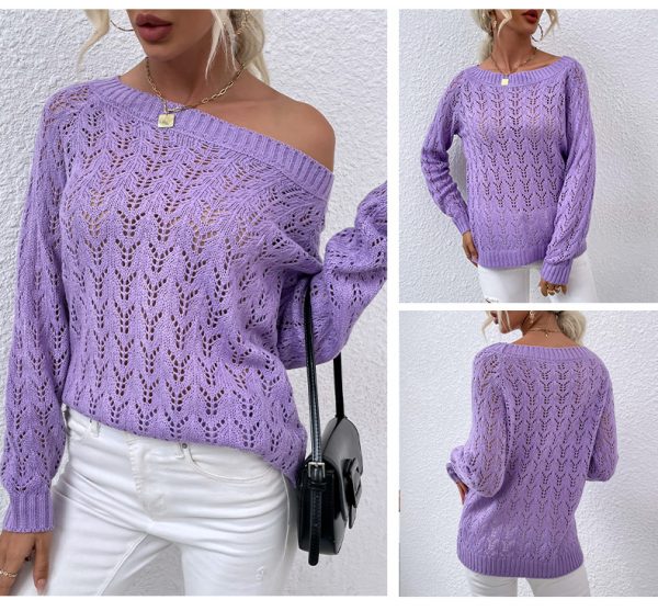 Hot sales pure color knitted off shoulder beach wear blouse tops women hollow out bat sleeve loose sweaters - Image 3