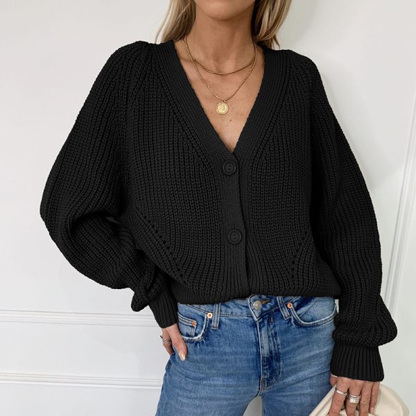 Hot sales fall winter v neck puff sleeve knitted cropped cardigans sweater solid color women's cardigan - Image 3