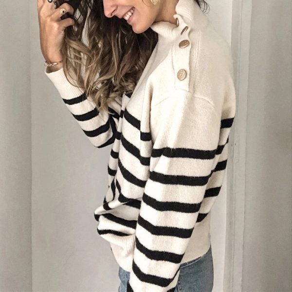 Trending fashion winter autumn casual knitted blouse loose high neck striped sweaters for women - Image 3
