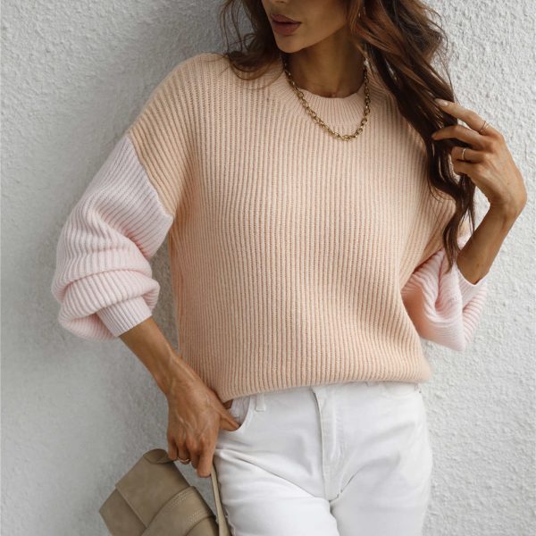 Hot sale puff sleeve contrast color loose sweaters knitted women winter casual o neck knitwear
