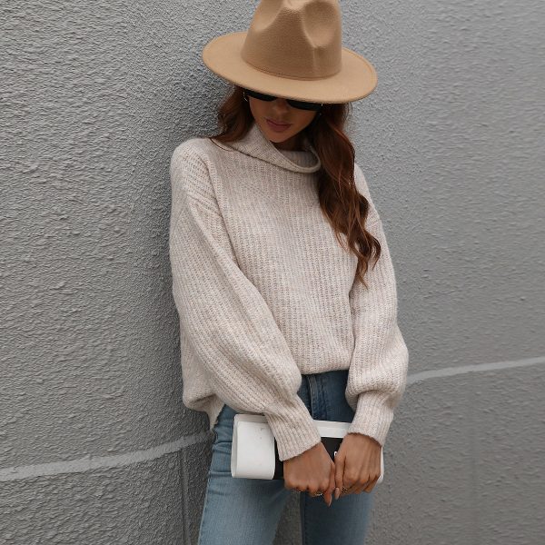 high neck lantern sleeve solid color tops women knitted loose elegant sweaters - Image 2
