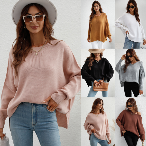 New design solid color elegant tops knitted o neck long sleeve oversize knitted sweaters for women