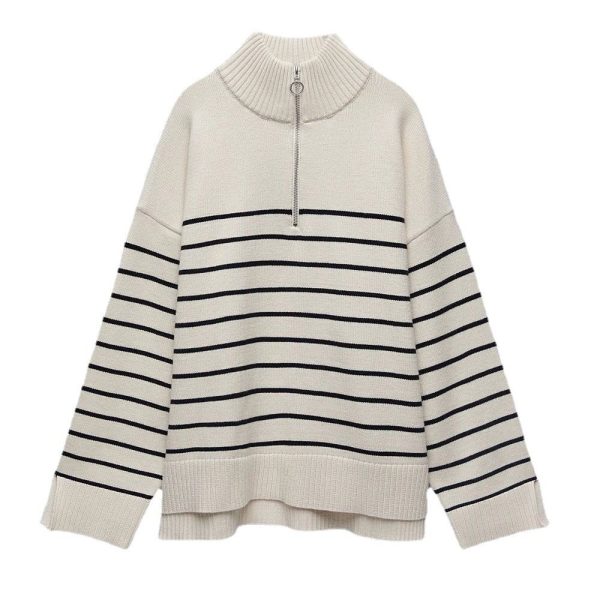 half zipper elegant stripe knitted thicken Sweaters Women oversize Pullover knitted Top - Image 2