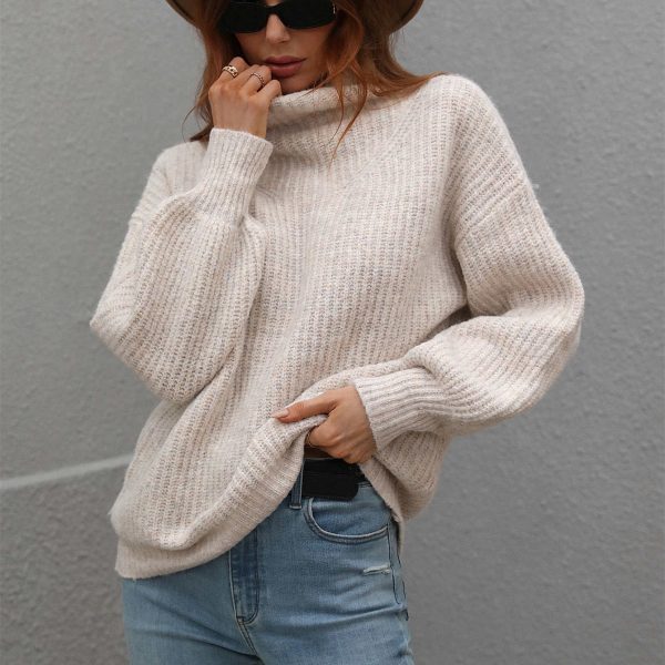 hot sales turtleneck pure color knitwear elegant puff sleeve tops winter pullover knitted sweaters