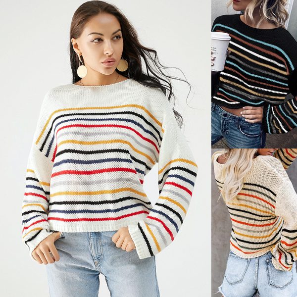 New Arrivals casual round neck long sleeve knitwear striped loose women tops knitted sweater - Image 5