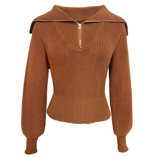 Trending Solid color zipper wide neck fashion casual knitted top pullover winter women sweater - Image 6