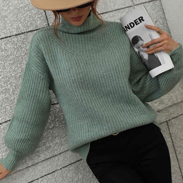 high neck lantern sleeve solid color tops women knitted loose elegant sweaters - Image 5