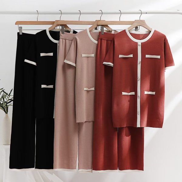 Hot sales Fashion simple stitching loose short sleeve sweater top knitted two piece matching outfits