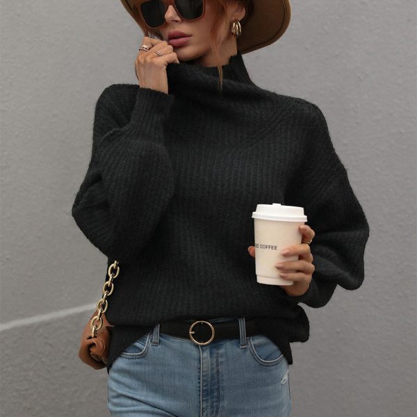 high neck lantern sleeve solid color tops women knitted loose elegant sweaters